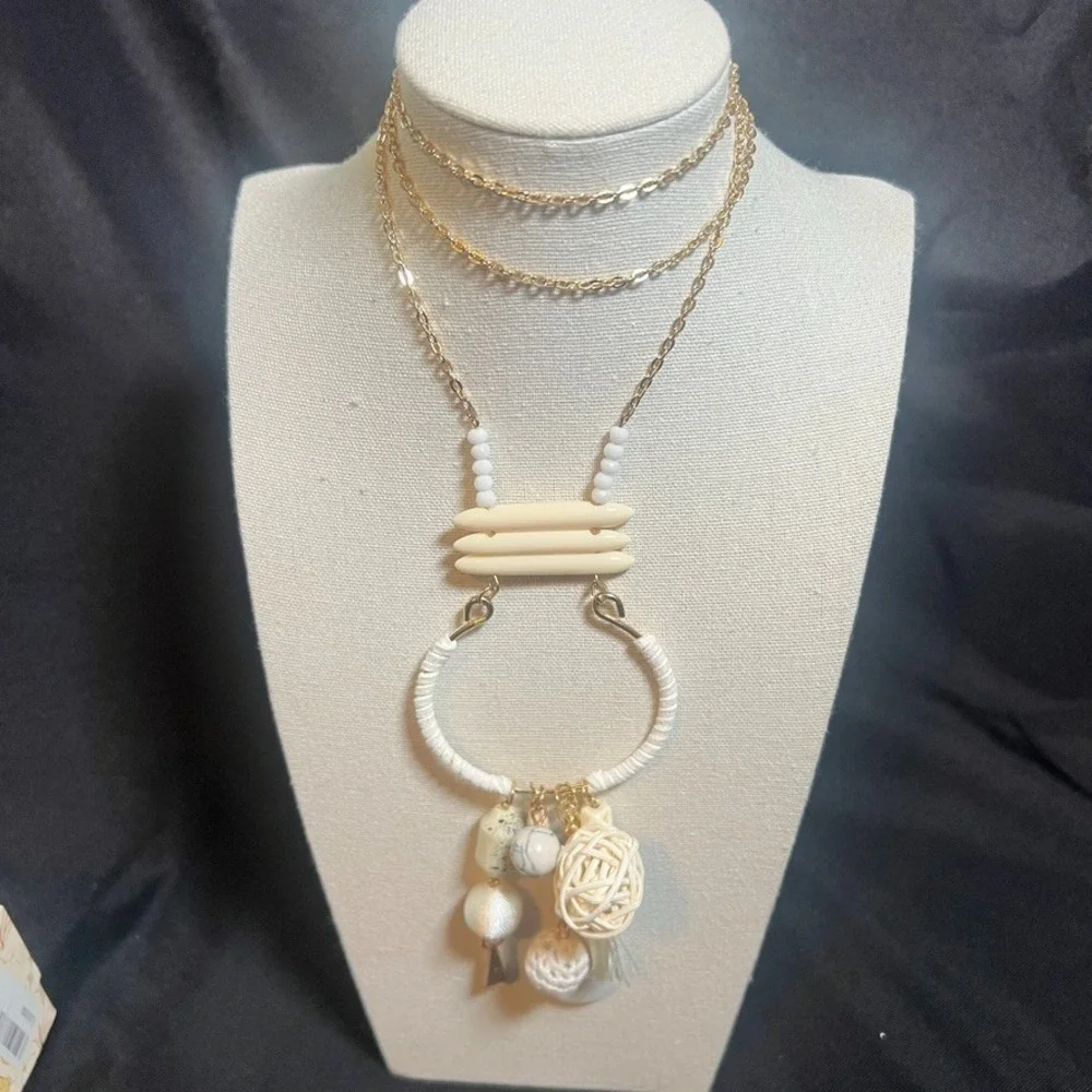 Plunder‎ Set Earrings Necklace White Neutral Charms Texture Boho Eclectic NIB